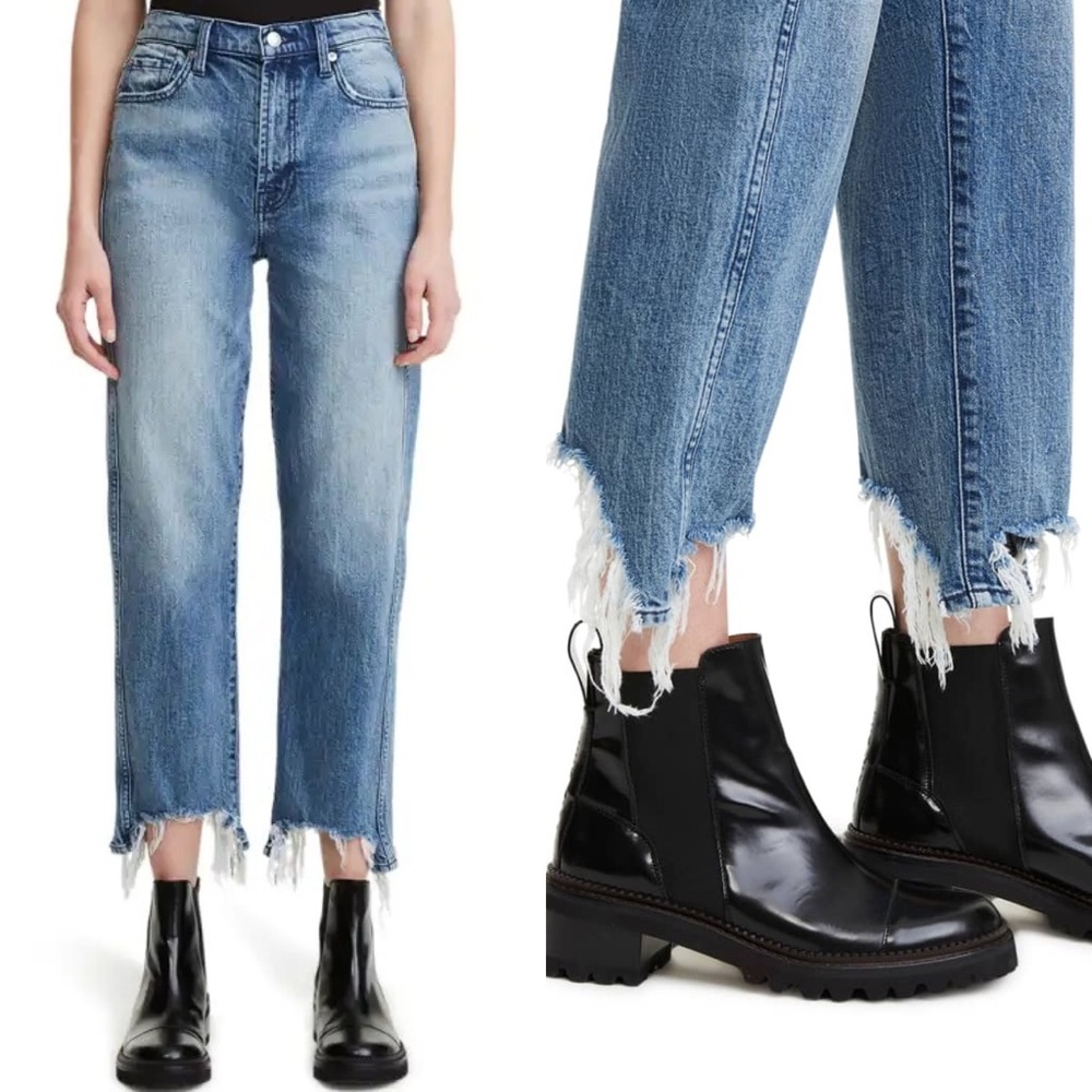 7 FOR ALL MANKIND High-Waist Cropped Straight Jeans w/ Chewed Hem